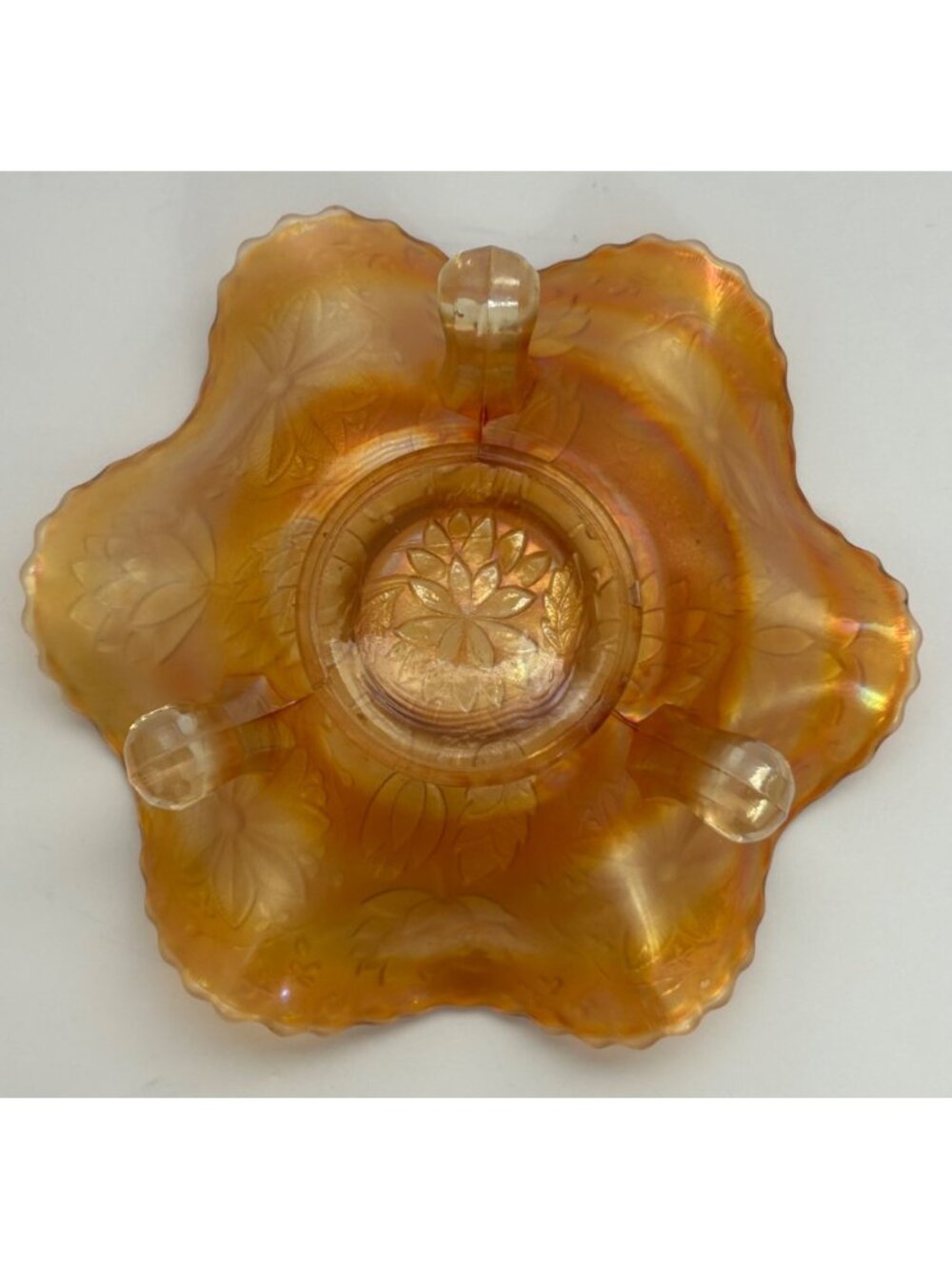 Fenton Carnival Glass Footed Dish Floral Marigold Iridescent Scalloped Edges - Picture 10 of 10